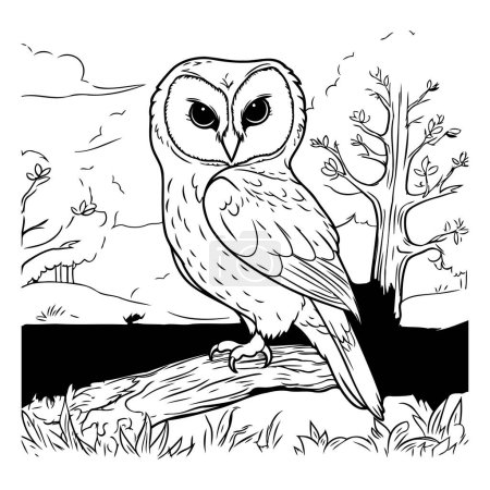 Téléchargez les illustrations : Hibou assis sur une branche d'arbre. Illustration vectorielle pour livre à colorier. - en licence libre de droit