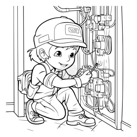 Téléchargez les illustrations : Illustration vectorielle d'un petit garçon réparant un système de chauffage avec un tournevis - en licence libre de droit