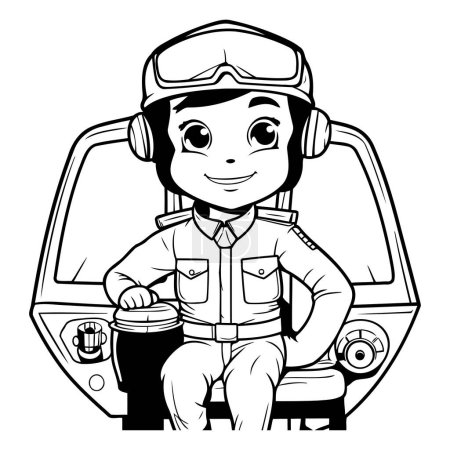 Téléchargez les illustrations : Dessin animé noir et blanc Illustration d'un petit garçon mignon en costume de pilote assis sur une voiture et buvant du café - en licence libre de droit