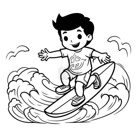 Illustration for Boy surfing on wave. black and white vector illustration for coloring book - Royalty Free Image