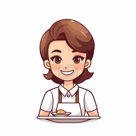 Téléchargez les illustrations : Jolie serveuse souriante avec une assiette de nourriture. Illustration vectorielle. - en licence libre de droit