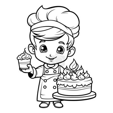 Téléchargez les illustrations : Illustration de bande dessinée en noir et blanc du personnage mignon de petit garçon chef avec gâteau pour livre à colorier - en licence libre de droit
