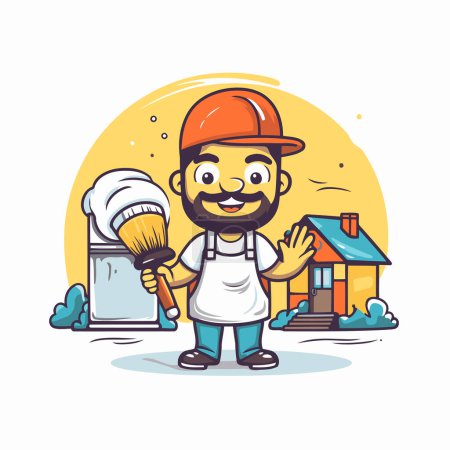 Illustration for Cartoon handyman with paintbrush and house. Vector illustration. - Royalty Free Image