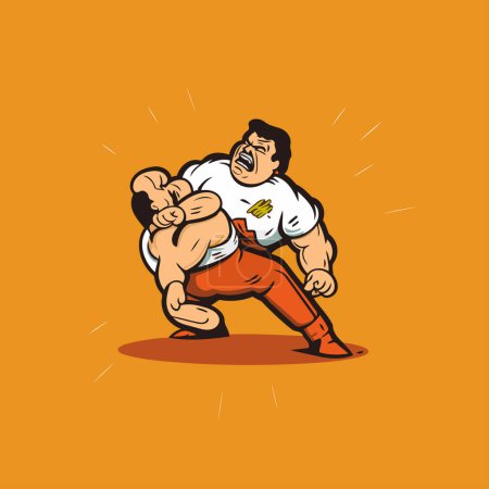 Ilustración vectorial de un luchador de sumo en acción sobre un fondo naranja.