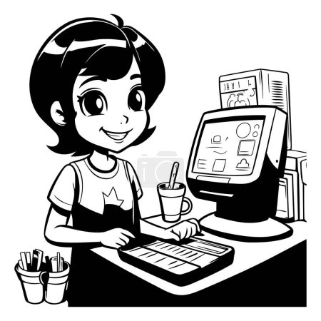 Ilustración de Linda chica de dibujos animados jugando juegos de ordenador. Ilustración vectorial en blanco y negro. - Imagen libre de derechos