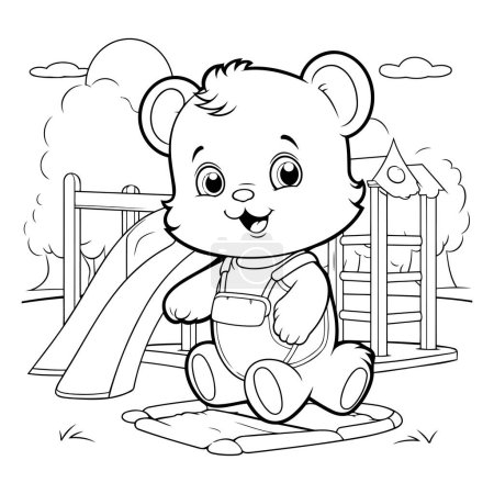 Téléchargez les illustrations : Coloriage Aperçu d'un ours en peluche mignon sur une aire de jeux - en licence libre de droit