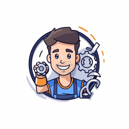 Illustration for Mechanic man holding wrench and gear wheel. Vector illustration in cartoon style. - Royalty Free Image