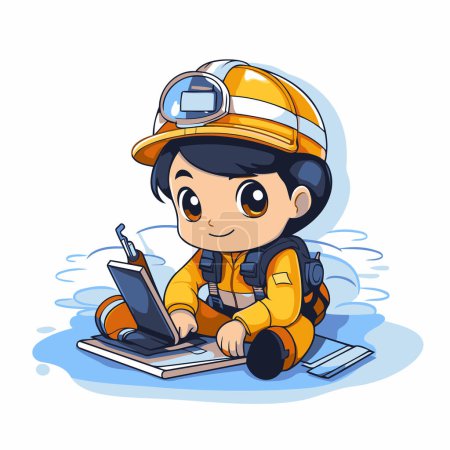 Téléchargez les illustrations : Illustration d'un garçon enfant travaillant sur son ordinateur portable tout en portant un costume de sécurité - en licence libre de droit