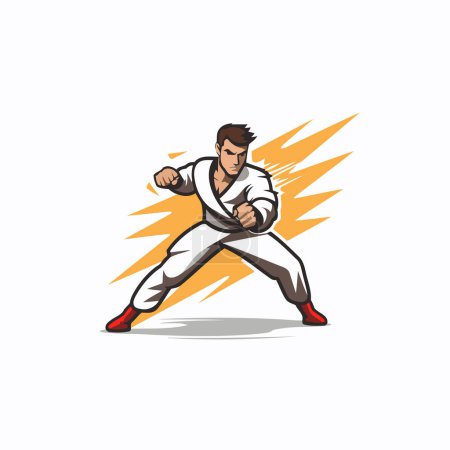 Téléchargez les illustrations : Illustration vectorielle du taekwondo. Combattant de karaté dessin animé avec un coup de pied. - en licence libre de droit