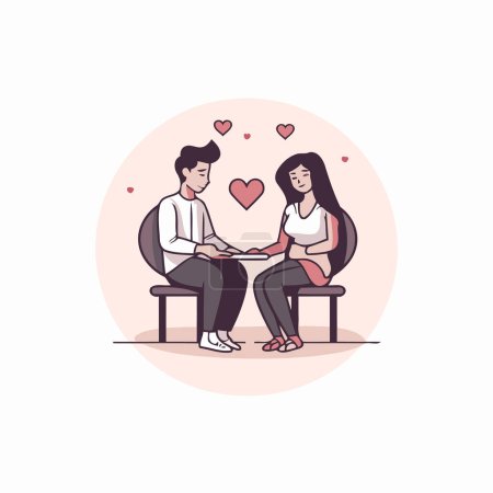 Ilustración de Ilustración vectorial de San Valentín. Pareja enamorada sentada en sillas y cogida de la mano. - Imagen libre de derechos