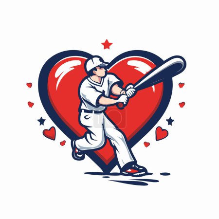 Illustration for Vector illustration of a baseball player hitting a ball with a bat in a heart shape. - Royalty Free Image