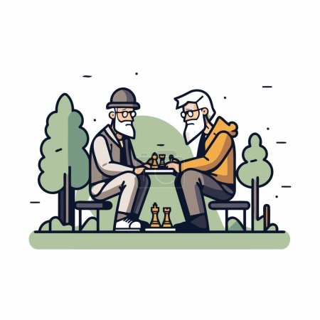 Téléchargez les illustrations : Des personnes âgées jouant aux échecs dans le parc. Illustration vectorielle de style plat. - en licence libre de droit
