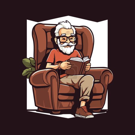 Téléchargez les illustrations : Homme âgé lisant un livre dans un fauteuil. Illustration vectorielle. - en licence libre de droit