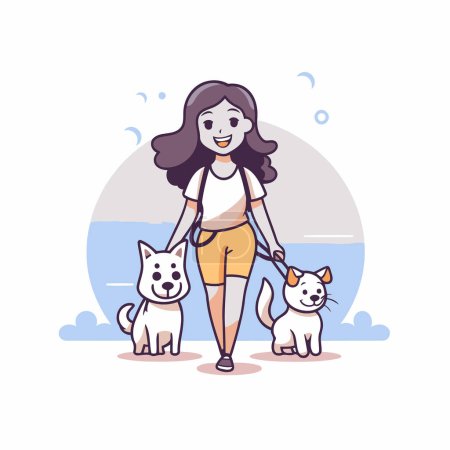 Illustration for Vector illustration of a girl walking with her dogs on the beach. - Royalty Free Image