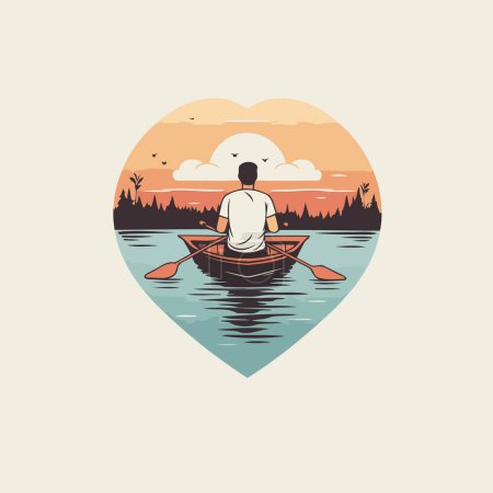 Téléchargez les illustrations : Un homme en canot sur un lac. Illustration vectorielle en style plat - en licence libre de droit