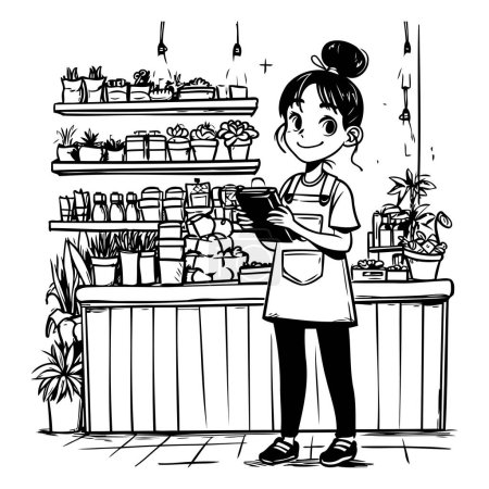 Illustration for Cute little girl in a flower shop. Black and white vector illustration. - Royalty Free Image
