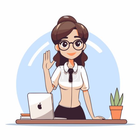 Téléchargez les illustrations : Femme d'affaires travaillant à l'ordinateur. Illustration vectorielle dans le style dessin animé. - en licence libre de droit