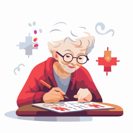 Illustration for Old woman doing her homework at home. Vector illustration in cartoon style. - Royalty Free Image