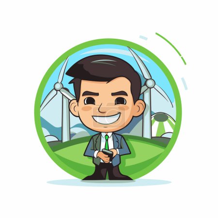 Téléchargez les illustrations : Homme d'affaires avec icône éolienne en forme ronde. Illustration vectorielle. - en licence libre de droit