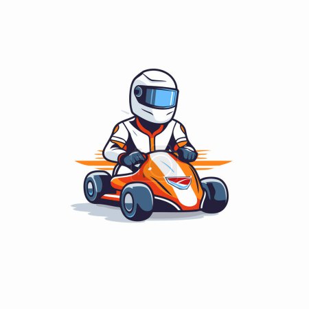 Téléchargez les illustrations : Cartoon Racer conduisant une voiture de course. Illustration vectorielle sur fond blanc. - en licence libre de droit