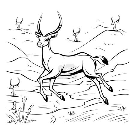 Téléchargez les illustrations : Illustration de dessin animé noir et blanc d'un animal impala ou antilope pour livre à colorier - en licence libre de droit