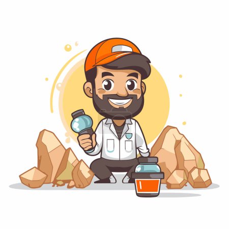 Illustration for Handsome Miner with a jar of protein and a magnifying glass - Royalty Free Image