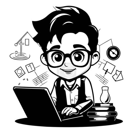 Téléchargez les illustrations : Joli garçon avec ordinateur portable et livres. Illustration vectorielle noir et blanc. - en licence libre de droit