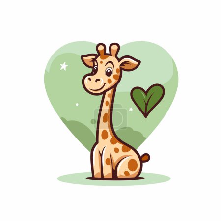 Téléchargez les illustrations : Mignon dessin animé girafe avec coeur et feuille. Illustration vectorielle. - en licence libre de droit