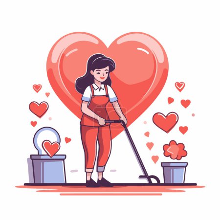 Illustration for Lovely woman cleaning the house with a vacuum cleaner. Vector illustration. - Royalty Free Image