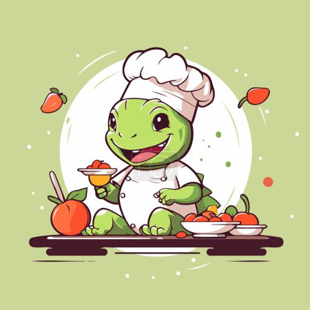 Téléchargez les illustrations : Illustration vectorielle d'un mignon chef crocodile souriant aux fruits et légumes - en licence libre de droit