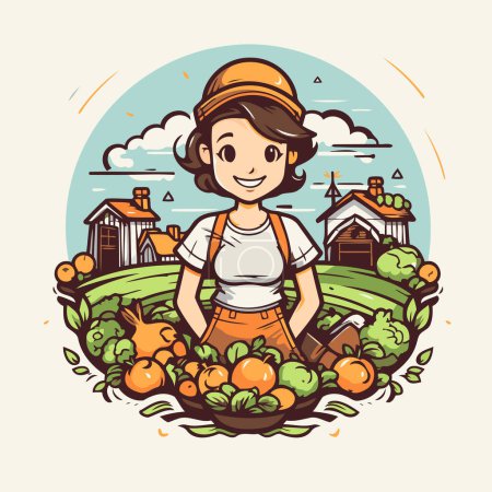 Illustration for Cute farmer girl with basket full of ripe orange fruit. Vector illustration. - Royalty Free Image