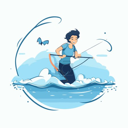 Illustration for Kitesurfing. Vector illustration of a young woman riding a kite on the water. - Royalty Free Image