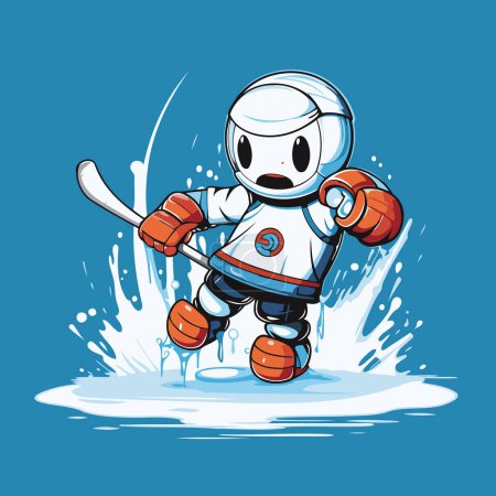 Illustration for Cute cartoon ice hockey player with stick and puck. Vector illustration. - Royalty Free Image