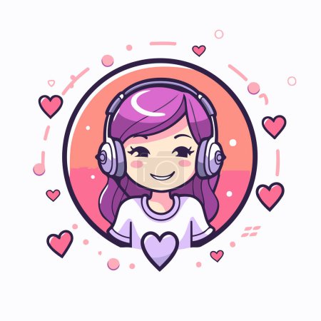 Illustration for Cute girl with headphones and hearts around her. Vector illustration. - Royalty Free Image
