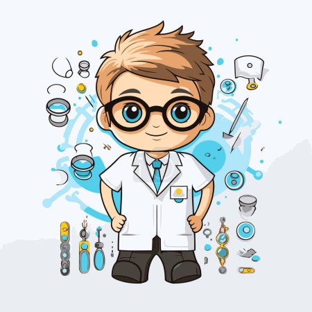 Ilustración de Lindo niño con gafas y bata de laboratorio. Ilustración vectorial. - Imagen libre de derechos