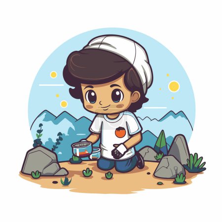 Ilustración de Lindo niño cocinando en la naturaleza. Dibujos animados vectoriales ilustración. - Imagen libre de derechos