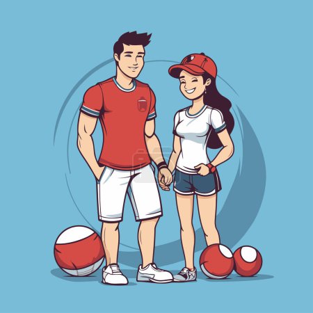 Téléchargez les illustrations : Jeune couple jouant au volley. Illustration vectorielle en style dessin animé isolé sur fond bleu. - en licence libre de droit