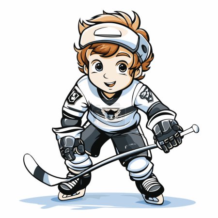 Ilustración de un niño jugando hockey sobre hielo sobre un fondo blanco.