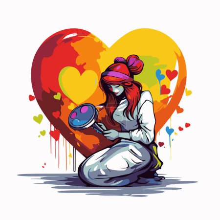 Ilustración de Ilustración vectorial de una niña con una sartén en las manos sobre el fondo del corazón - Imagen libre de derechos