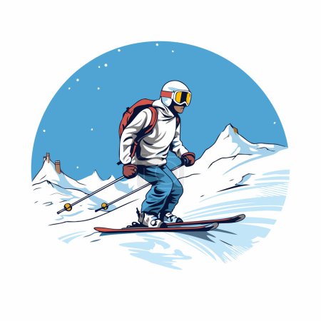 Téléchargez les illustrations : Un skieur. Illustration vectorielle d'un skieur en montagne. - en licence libre de droit