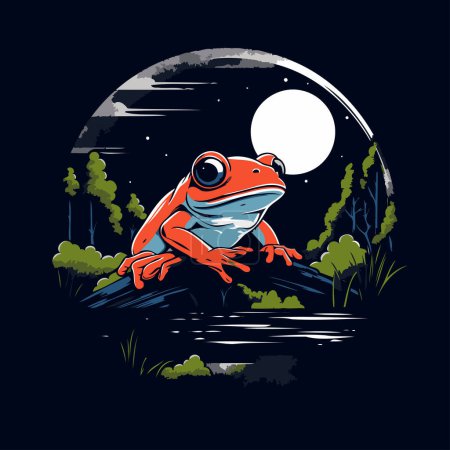 Frog on the background of the full moon. Vector illustration.