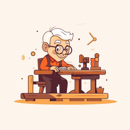 Téléchargez les illustrations : Le vieil homme assis à la table et lisant un livre. Illustration vectorielle. - en licence libre de droit