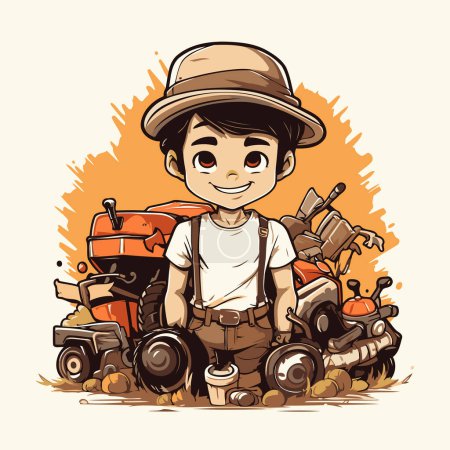 Téléchargez les illustrations : Joli garçon en chapeau de safari avec tracteur. Illustration vectorielle. - en licence libre de droit