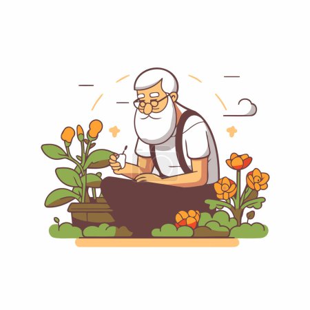 Téléchargez les illustrations : Vieil homme travaillant dans le jardin. Illustration vectorielle. Style plat. - en licence libre de droit