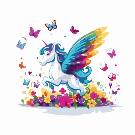 Ilustración de Lindo unicornio con alas y flores. mariposas. Ilustración vectorial. - Imagen libre de derechos