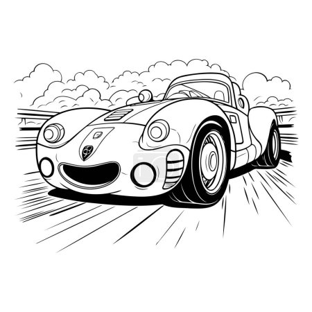 Téléchargez les illustrations : Illustration vectorielle noir et blanc d'une voiture de sport vintage sur une route - en licence libre de droit
