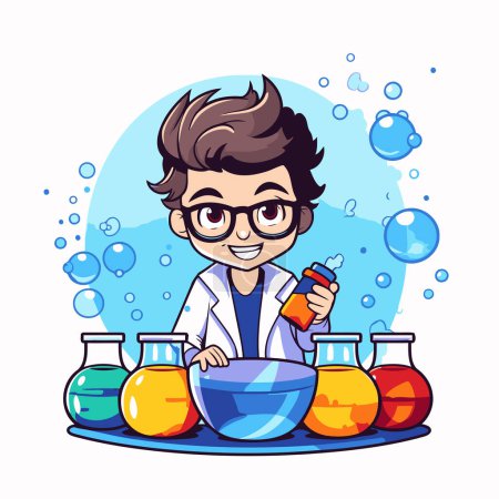 Illustration for Cute little boy in science lab coat making experiment. Vector illustration. - Royalty Free Image