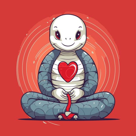 Téléchargez les illustrations : Serpent de dessin animé mignon avec le cœur. Illustration vectorielle sur fond rouge. - en licence libre de droit