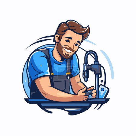 Téléchargez les illustrations : Illustration d'un plombier réparant un évier avec un tournevis - en licence libre de droit