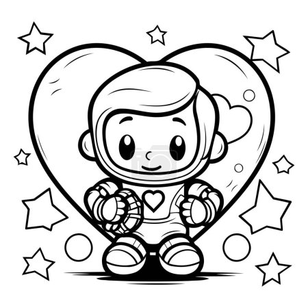 Illustration for Cute Cartoon Astronaut Sitting on Heart with Stars - Coloring Book - Royalty Free Image